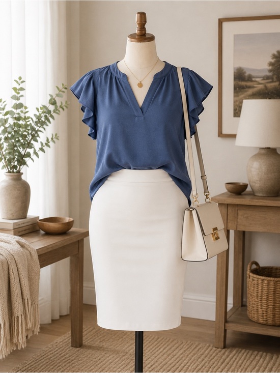 Adrianna Papell Tops - Adrianna Papell 1X Blue Flutter Sleeve Split Neck Blouse Crinkle Polyester Top